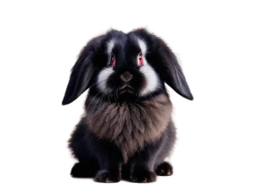 Black lop rabbit, cute face, fluffy fur, long ears folded back, bright big eyes, pink nose, twitching whiskers, sitting pose, soft focus, warm lighting, shallow depth of field, 3/4 composition, adorab