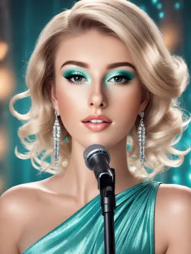 beautiful blonde chanteuse with geometric hairstyle and wild makeup, singing on stage behind a microphone stand, disco, neon background, turquoise satin dress, spotlights, gorgeous, lots of makeup,mis