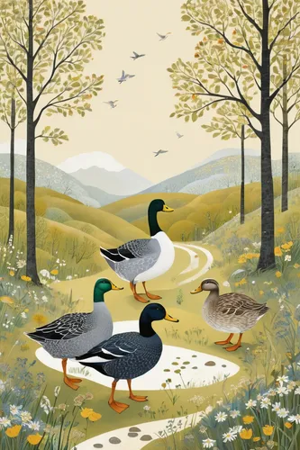 wild ducks,mallards,flower and bird illustration,waterfowls,waterfowl,ducks,wild geese,geese,canada geese,bird painting,cape teal ducks,american black duck,ducks  geese and swans,water fowl,migratory birds,caution ducks,ducklings,sporting decoys,duck meet,bird illustration,Illustration,American Style,American Style 04