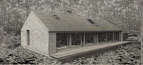 architectural hand drawing,an architectural drawing of a book store sits amongst trees and bushes,house in the forest,miniature house,house with lake,cottage,boat house,wooden house,Art sketch,Art ske