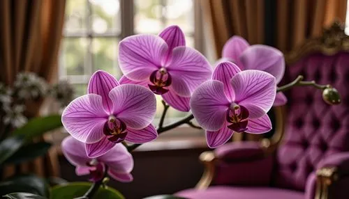 Elegant orchid blooms, delicate petals, soft pink undertones, rich purple hues, velvety texture, luxurious atmosphere, warm natural lighting, subtle gradient effects, harmonious color transitions, sop