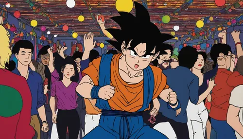 Create a funny GIF with Goku dancing in a disco club.,son goku,goku,takikomi gohan,dragon ball,dragonball,dragon ball z,celebration pass,party banner,festival,birthday banner background,dance club,par