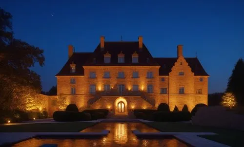 glass bricks wood tiles landscape garden trees night view summer sunlight blue sky pool castle manoir villa,an elegant house is lit up at night,chateau margaux,chateau,schloss,neufchateau,schloss bens