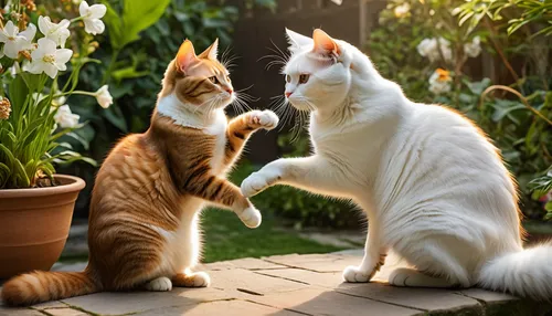 A cute and beautiful brown cat courting a beautiful white cat, in a wonderful home garden.,cats playing,japanese bobtail,high five,turkish van,courtship,scratching,two cats,dog - cat friendship,shake 