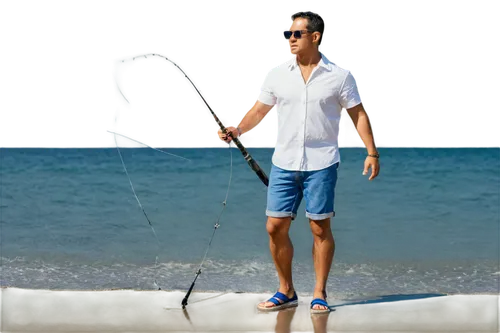 Ocean fishing scene, adult muscular man, standing, holding fishing rod, wearing sunglasses, blue denim shorts, white sleeveless shirt, flip flops, golden chain necklace, strong facial expression, salt