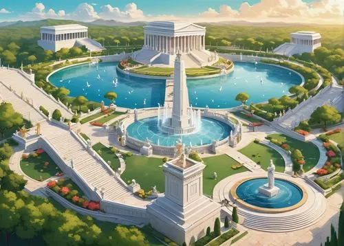 atlantis,ordos,skylon,fountain of friendship of peoples,tropico,diamond lagoon,city fountain,civ,scythopolis,areopolis,themyscira,ecotopia,fantasy city,atlantean,caesars palace,botanique,ctesiphon,caesars,futuristic landscape,caesar palace,Unique,3D,Isometric