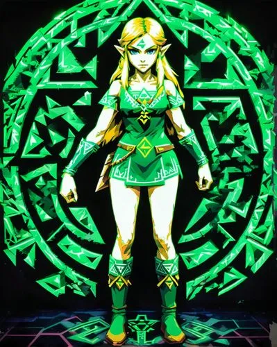 ultra-realistic, A conceptual art piece featuring a (((Zelda female character))), intricate interlocking triangle patterns formed by shattered fragments that resemble the shape of a circle(shading tec