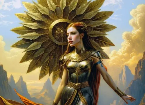 a painting of a woman holding a sunflower,dawnstar,sundancer,goldsun,aureum,zauriel,archangel,Illustration,Realistic Fantasy,Realistic Fantasy 03