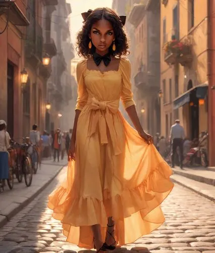 lumidee,dirie,girl in a long dress,girl in a historic way,esmeralda,tiana,girl walking away,compositing,condeleezza,a girl in a dress,woman walking,siriano,belle,eponine,oshun,heatherley,little girl in wind,a floor-length dress,afrofuturism,florentina,Photography,Natural