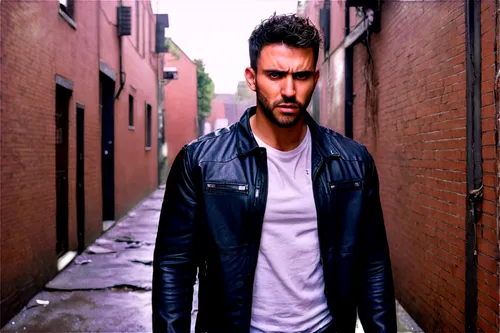 close-up, male character, muscular build, intense facial expression, sweat droplets on forehead, rugged beard, messy hair, black leather jacket, torn white shirt, ripped jeans, combat boots, dark alle