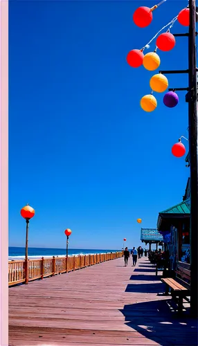 Beachside boardwalk, wooden planks, sunny day, clear blue sky, seagulls flying overhead, beach balls scattered around, ice cream shop, colorful lanterns, wooden benches, people strolling, holding hand