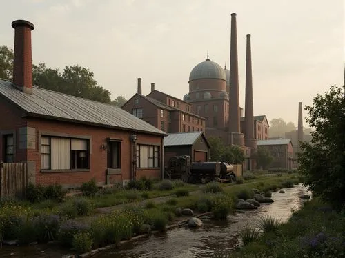 Industrial factory complex, rustic brick buildings, corrugated metal roofs, worn concrete walls, vintage machinery, abandoned chimneys, overgrown vegetation, wildflowers, meandering streams, misty atm