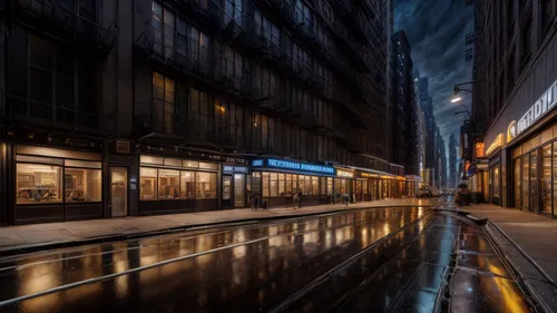 high-density New York City nightlife street, ultra-modern, super realistic high-definition photo-realistic rendering, atmospheric ambiance, amber lighting, puddles in the street, ,store fronts,alleywa