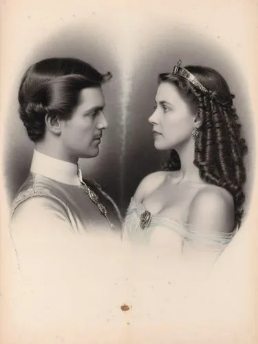 King and Queen of Württemberg as high-resolution art portrait photography in black and white,a couple that is looking at each other in front of a mirror,wedding photo,vintage man and woman,daguerreoty