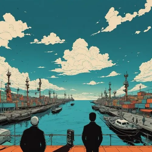  The sky above the port was the color of television, tuned to a dead channel. ,osaka bay,submarine,docks,sakana,osaka port,harbor,harbor cranes,sailors,background image,yokohama,studio ghibli,panorami