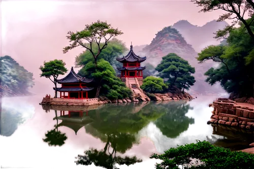 Hebei, Chinese landscape, rolling hills, ancient trees, misty atmosphere, serene water, traditional architecture, pagoda, red lanterns, stone bridges, lush greenery, warm sunlight, soft focus, cinemat