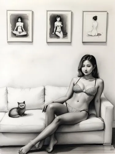 achewood,vintage asian,asian woman,woman sitting,yasumasa,odalisque,Illustration,Paper based,Paper Based 30