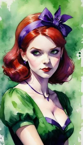 Daphne Blake is a vampire. red hair, purple dress, hairband, green neckerchief. spooky watercolor background,Daphneula,watercolor pin up,saria,satine,morwen,rasputina,madelyne,Conceptual Art,Fantasy,F