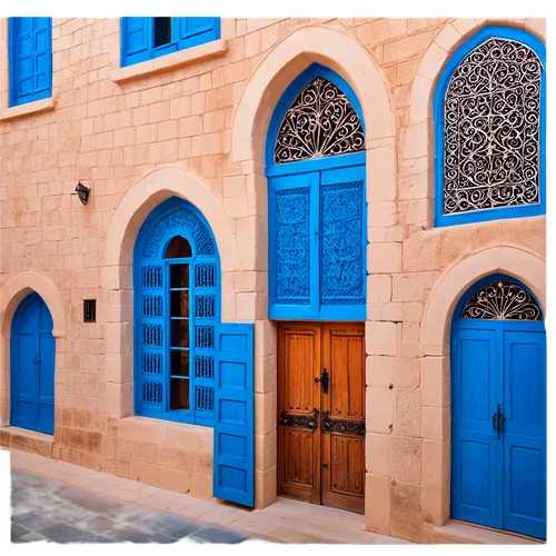 Western-style building, Israel architecture, stone walls, arches, domes, intricate carvings, vibrant blue windows, ornate doors, narrow streets, afternoon sunlight, warm color tone, shallow depth of f