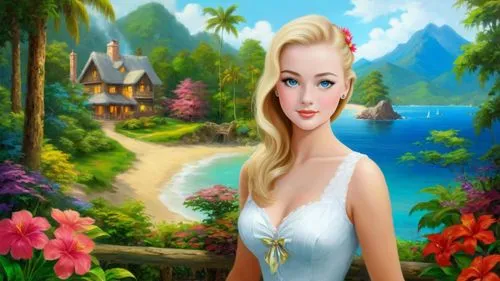 Romantic masterpiece oil painting, beautiful girl portrait, nostalgic 1950's style kitsch, vibrant rainforest,  mountaintop cottage landscape, lush tropical jungle paradise, summer beach scenery, by T