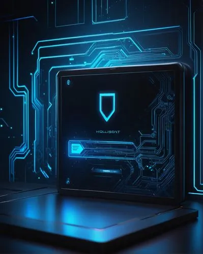 Futuristic AI login page, sleek metal background, neon blue glow, holographic interface, 3D geometric patterns, futuristic font, password input box with glowing blue border, login button with pulsing 