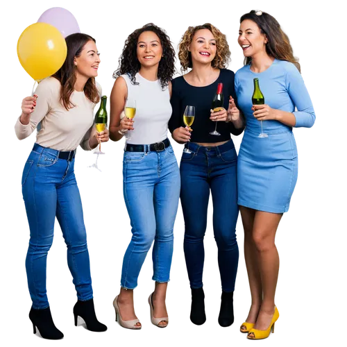 Group of friends, party atmosphere, colorful decorations, balloons, confetti, champagne bottles, wine glasses, laughter, smiling faces, casual outfits, jeans, t-shirts, dresses, high heels, messy hair