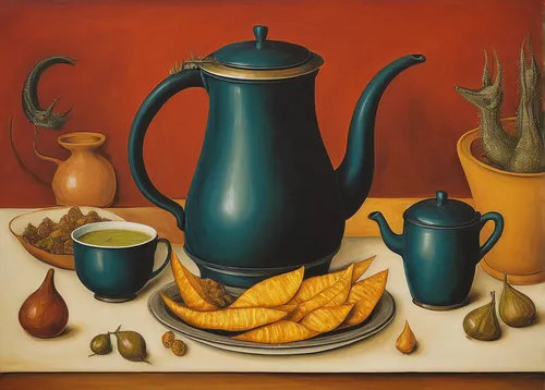 tea still life with melon,still-life,coffee pot,still life,earthenware,autumn still life,carafe,cloves schwindl inge,grant wood,still life with jam and pancakes,summer still-life,chemex,café au lait,woman drinking coffee,amphora,still life with onions,breakfast table,still life of spring,teapot,oil on canvas,Illustration,Abstract Fantasy,Abstract Fantasy 16