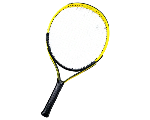 Tennis racket, Wilson brand, yellow and black stripes, curved shape, leather grip, metal strings, shiny surface, reflective material, close-up shot, 3/4 composition, softbox lighting, realistic textur