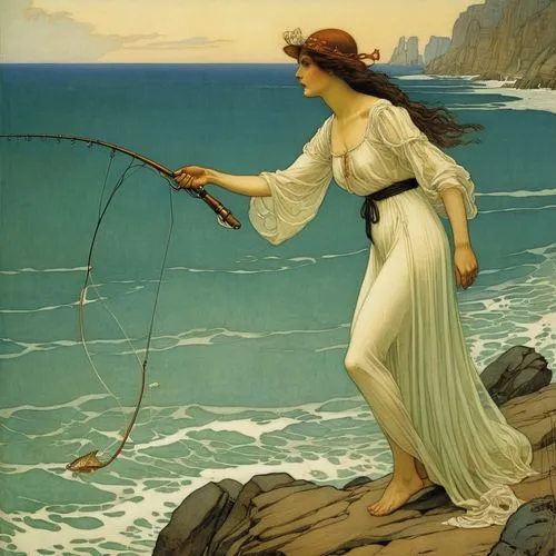 fisherwoman,amphitrite,the sea maid,ariadne,fishing,hildebrandt,nereid,flyfishing,sappho,margetson,fishing gear,margetts,pescador,arethusa,fishing rod,fisher,anglers,mcginnis,thetis,fisherman,Illustration,Retro,Retro 01