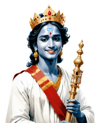 Lord Krishna, Indian deity, blue skin, crown, golden earrings, white robe, red sash, holding flute, smiling, gentle eyes, soft focus, warm lighting, cinematic composition, shallow depth of field, divi