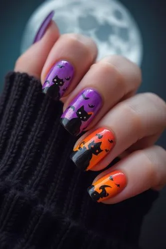 Nils Design, hallowen nails,
A close-up photo of a hand’s nails with Halloween-themed nail art, featuring black cats, orange pumpkins, and purple witches, against a backdrop of a spooky full moon nigh