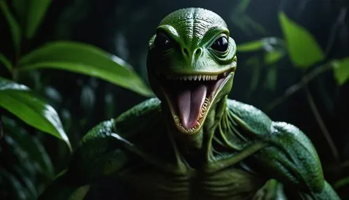 Kermit, Xenomorph, green skin, sharp teeth, long tongue, black eyes, muscular body, powerful legs, sharp claws, aggressive posture, intense facial expression, dark jungle, misty atmosphere, eerie soun