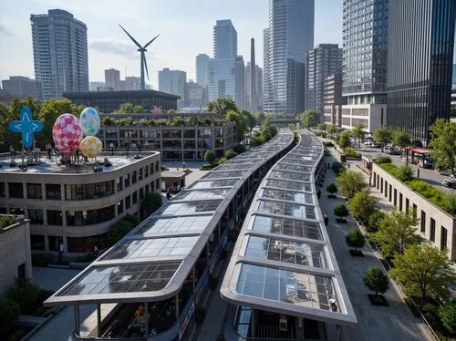 Futuristic tram station, dynamic curved lines, gleaming metal surfaces, LED light installations, transparent glass roofs, open-air platforms, urban landscape, bustling city atmosphere, modern architec