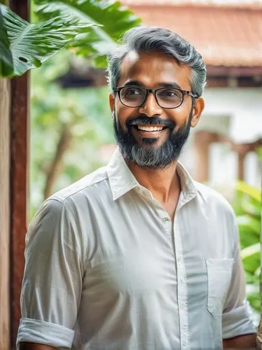 Middle-aged male, architect, designer, standing, Kochi city, India, traditional Kerala architecture style building, intricate wooden carvings, clay tile roof, large windows, greenery surroundings, lus