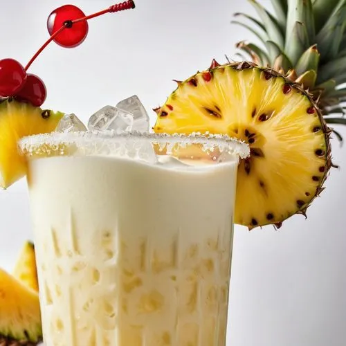 Pina Colada, cocktail, tropical fruit, pineapple wedge, cherry on top, straw, ice, creamy texture, white background, soft lighting, shallow depth of field, warm atmosphere, summer vibe, refreshing dri