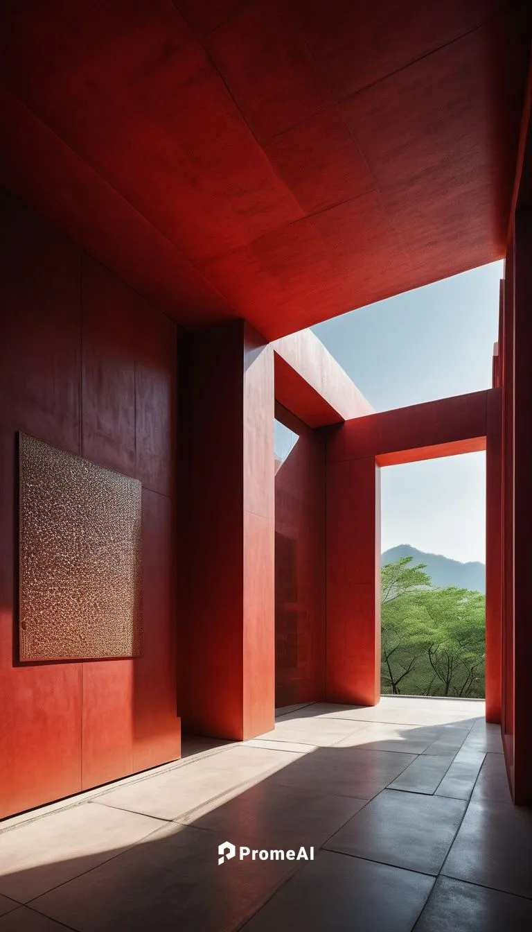 architectural plan for a building of (Song dynasty:1.2), red walls, silk decor, (Tadao Ando style: 1.3),  inspired by Zha Shibiao, conceptual art, rammed earth courtyard, buddhist architecture, dune, 