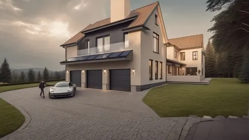 a house with an automobile in front of it, in the style of solarizing master, dark gray and light beige, atmospheric ambience, tenwave,modern house,3d rendering,luxury home,smart home,garage door,luxu