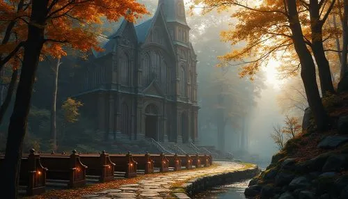 autumn morning,gothic church,church painting,autumn scenery,wooden church,autumn landscape,nestruev,autumn idyll,autumn day,one autumn afternoon,monastery,cathedral,autumn fog,fredric church,haunted cathedral,autumn light,forest chapel,steeples,the autumn,fantasy landscape,Photography,General,Realistic