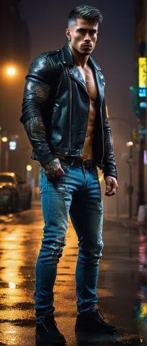 Muscular man, athletic build, tattoos on arms, ripped jeans, black leather jacket, confident pose, standing, city street, nighttime, neon lights reflecting off wet pavement, foggy atmosphere, dramatic