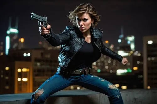 Sadie Adler, female action hero, dynamic pose, muscular toned arms, short brown hair, piercing green eyes, scar above left eyebrow, black leather jacket, torn blue jeans, combat boots, holstered pisto