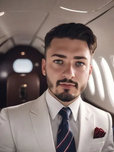 corporate photoshoot of a man, in a private jet, raw, unedited, symmetrical balance,  , sophisticated gentleman, crisp tailored navy blue suit, peaked lapel, white pocket square, rectangular red lapel