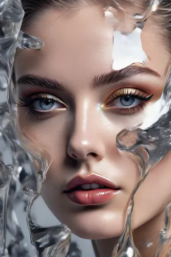 3d, close - up, frown fashion model, liquid metal and milk, vogue cover style, poster art, hyper detail, intricate oil painting, multiple exposure, rene magritte mood, 3d by tooth wu and wlop and beep