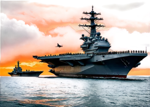 Aircraft carrier, massive ship, steel structure, gray and white camouflage, helipad, radar system, missile launchers, F-16 fighter jets, sailors in uniform, American flag, sunset at sea, dramatic clou