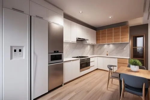 kitchen with white base cabinet and steel  double door fridge and wooden upper cabinet and hidden light,modern kitchen interior,modern kitchen,modern minimalist kitchen,kitchen design,kitchen interior