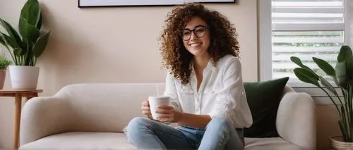 Interior design blogger, young woman, 25yo, curly brown hair, bright smile, trendy glasses, casual chic outfit, white blouse, high-waisted distressed denim jeans, sneakers, holding a cup of coffee, si