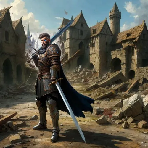 Warrior in full plate armor with a great-sword standing infront of a destroyed medieval village strewn with rubble and carnage in the style of an acrylic painting,castleguard,prejmer,paladin,heroic fa