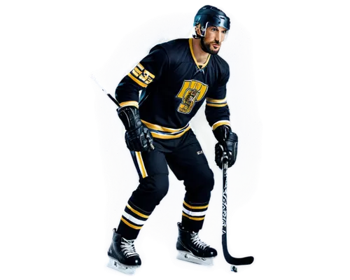 Muscular man, hockey player, athletic pose, helmet, face mask, hockey stick, gloves, padded pants, skates, dynamic movement, intense facial expression, sweat droplets, artificial ice rink background, 