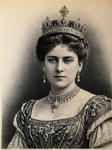 Black and white steel engraving, 1900: MARY (née von Teck), then Princess of Wales,an old fashion portrait of a woman wearing jewelry,elizabeth ii,miss circassian,elizabet,tiara,koningin,qeii,Illustra