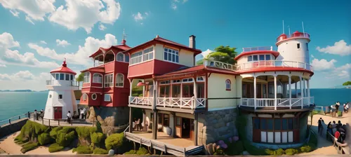 popeye village,seaside resort,house of the sea,fairy tale castle,red lighthouse,3d rendering,3d render,model house,render,3d fantasy,building sets,studio ghibli,dragon palace hotel,3d rendered,miniatu