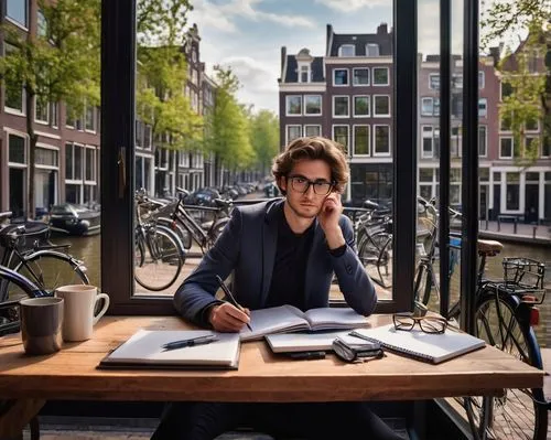 Modern Amsterdam canal house, architectural design, job interview, young adult male, casual business attire, messy brown hair, black-rimmed glasses, laptop, notebook, pen, coffee cup, wooden desk, lar